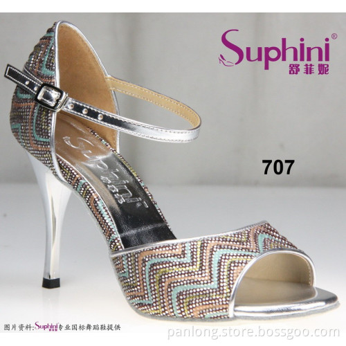 Suphini Silver Fabric Small Order Latin Tango Dance Shoes